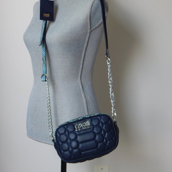 NWT CAVALLI CLASS Chain Link Python Print Top Dark Blue Small Cross-body Bag - Picture 4 of 13